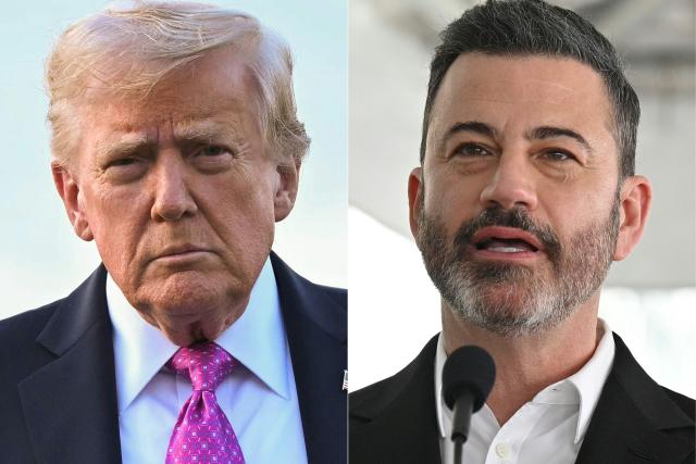 (COMBO) This combination of pictures created on September 18, 2025 shows US President Donald Trump (L) in Morristown, New Jersey on September 14, 2025 and television host Jimmy Kimmel in Hollywood, California, June 6, 2024. Donald Trump called for US comedian Jimmy Kimmel to be sacked for likening First Lady Melania Trump to an "expectant widow," in a joke made days before a shooting at a dinner attended by the president. "Jimmy Kimmel should be immediately fired by Disney and ABC" over the "despicable call to violence", Trump said on April 27, 2026 in a post on Truth Social, hours after Melania Trump also criticized the comment. (Photo by Mandel NGAN and Robyn Beck / AFP)