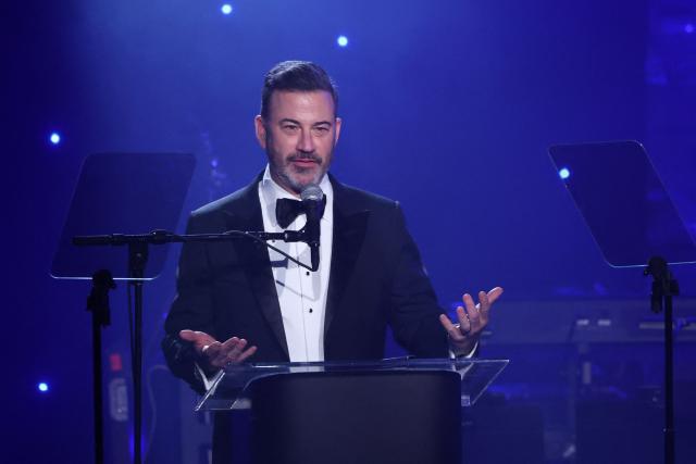 (FILES) US television host and comedian Jimmy Kimmel speaks during the Recording Academy and Clive Davis' Salute To Industry Icons 50-Year Anniversary of the pre-Grammy gala at the Beverly Hilton hotel in Beverly Hills, California, on February 1, 2025. Donald Trump called for US comedian Jimmy Kimmel to be sacked for likening First Lady Melania Trump to an "expectant widow," in a joke made days before a shooting at a dinner attended by the president. "Jimmy Kimmel should be immediately fired by Disney and ABC" over the "despicable call to violence", Trump said on April 27, 2026 in a post on Truth Social, hours after Melania Trump also criticized the comment. (Photo by Michael Tran / AFP)