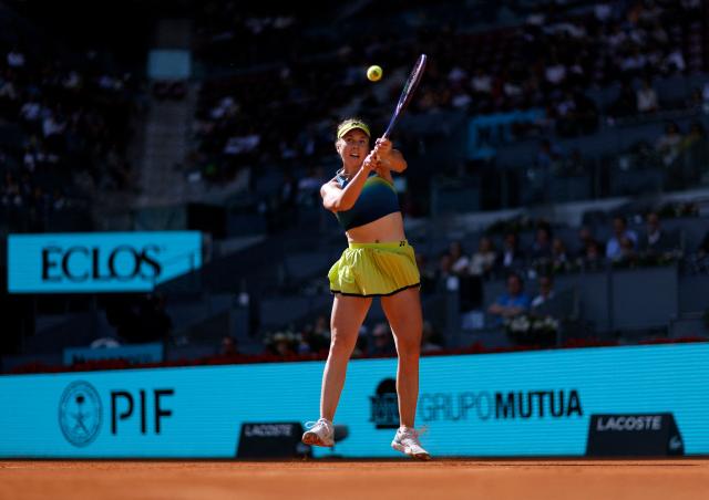 Czech Republic's Linda Noskova returns the ball to US' Coco Gauff during their 2026 WTA Tour Madrid Open tennis tournament women's singles match at the Caja Magica in Madrid, on April 27, 2026. (Photo by OSCAR DEL POZO / AFP)