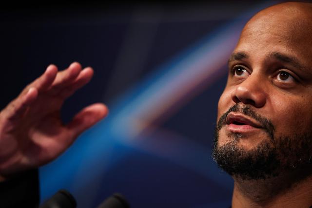 Bayern Munich's Belgian coach Vincent Kompany reacts as he speaks during a press conference at the Parc des Princes stadium, western Paris, on April 27, 2026, on the eve of their UEFA Champions League semi-final football against Paris Saint-Germain. (Photo by FRANCK FIFE / AFP)