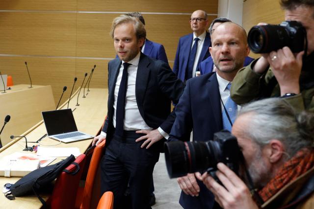 (FILES) UDR's MP Charles Alloncle (L), rapporteur of the Commission d'Enquete sur l'Audiovisuel Public (Public broadcasting inquiry commission), looks on prior to France TV CEO and France TV Secretary-General's hearing by the commission of inquiry into the neutrality, operation and funding of public broadcasting at the National Assembly, France's lower house parliament, on April 8, 2026. The members of parliament sitting on the public broadcasting inquiry committee on April 27, 2026, adopted the final report by their colleague Charles Alloncle, despite his controversial methods. (Photo by GEOFFROY VAN DER HASSELT / AFP)
