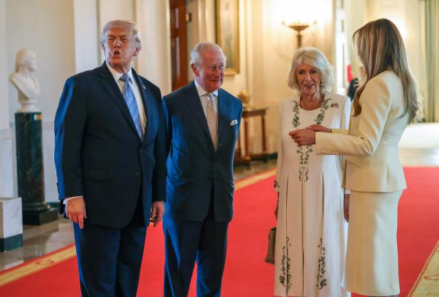 US President Donald Trump and First Lady Melania Trump meet Britain's King Charles III and Britain's Queen Camilla at the White House in Washington, DC, on April 27, 2026. (Photo by Suzanne Plunkett / POOL / AFP)