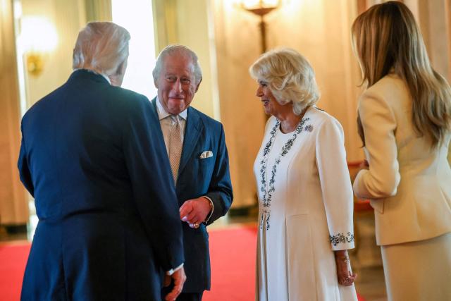 US President Donald Trump and First Lady Melania Trump host Britain's King Charles III and Britain's Queen Camilla for tea at the White House in Washington, DC, on April 27, 2026. (Photo by Suzanne Plunkett / POOL / AFP)