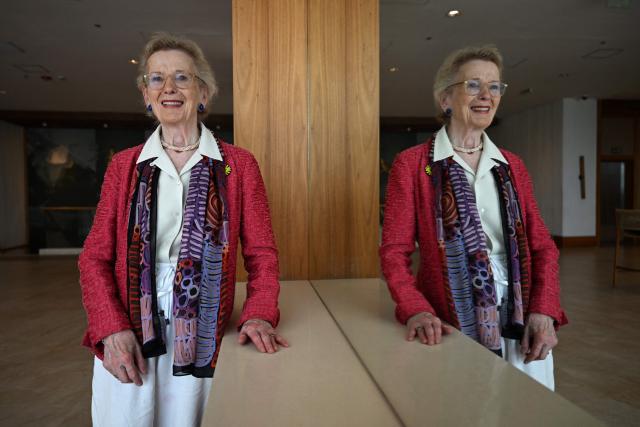 Former Ireland's President Mary Robinson poses for a photo during an interview with AFP on the sidelines of the First Conference Transitioning Away From Fossil Fuels at Port Beach in Santa Marta, Colombia on April 27, 2026. (Photo by Raul ARBOLEDA / AFP)