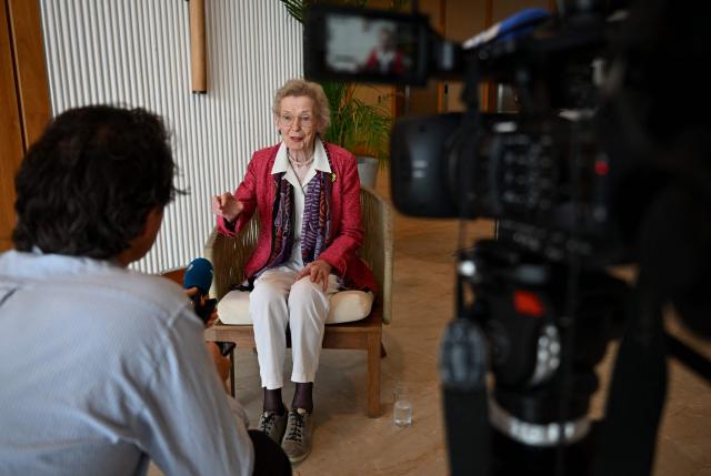 Former Ireland's President Mary Robinson speaks during an interview with AFP on the sidelines of the First Conference Transitioning Away From Fossil Fuels at Port Beach in Santa Marta, Colombia on April 27, 2026. (Photo by Raul ARBOLEDA / AFP)