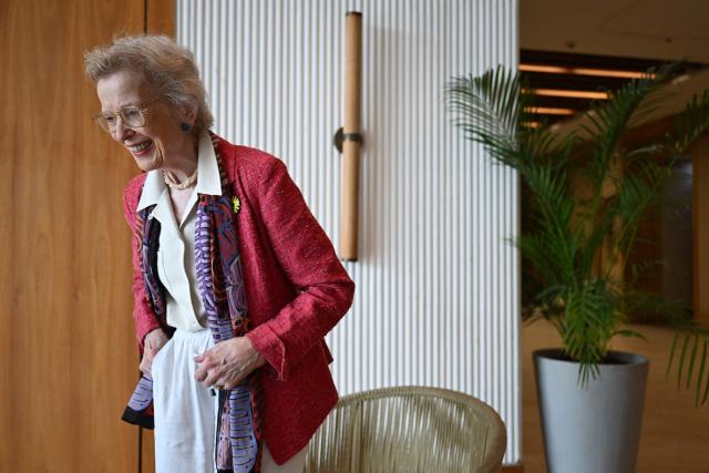 Former Ireland's President Mary Robinson smiles during an interview with AFP on the sidelines of the First Conference Transitioning Away From Fossil Fuels at Port Beach in Santa Marta, Colombia on April 27, 2026. (Photo by Raul ARBOLEDA / AFP)