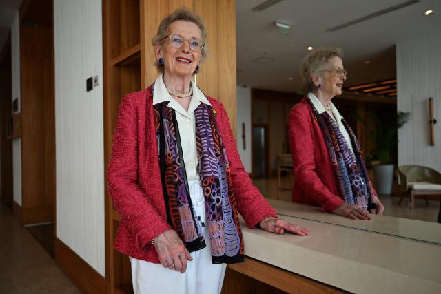 Former Ireland's President Mary Robinson poses for a photo during an interview with AFP on the sidelines of the First Conference Transitioning Away From Fossil Fuels at Port Beach in Santa Marta, Colombia on April 27, 2026. (Photo by Raul ARBOLEDA / AFP)