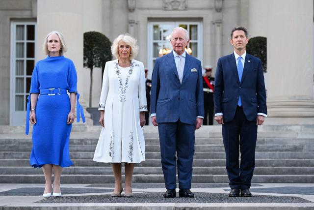 (L/R) Claire Turner, Britain's Queen Camilla, Britain's King Charles III and British Ambassador to the US Christian Turner attend a garden party at the British Ambassador's Residence in Washington, DC, on April 27, 2026. (Photo by Samir HUSSEIN / POOL / AFP)