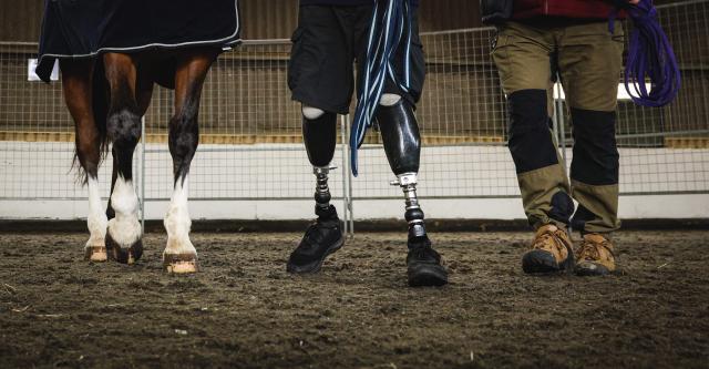 Warrior Equine Chief Instructor Jim Goddard (R) is pictured with Army veteran Al Strudwick (C), a former Sergeant who served with the Intelligence Corps of the Army, in an exercise to gain the animal's trust at The Light Cavalry Honorable Artillery Company stables near Windsor, west of London on April 13, 2026. Members of the armed forces and the police may put their lives on the line for their country but even they have their mental and physical limits and often it is horses, not humans, who can provide salvation. (Photo by ADRIAN DENNIS / AFP)