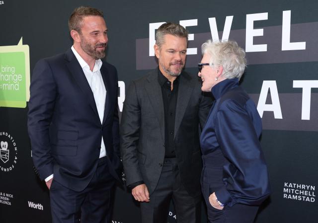 (L/R) US actor Ben Affleck, US actor Matt Damon and US actress Glenn Close attend non-profit organization Bring Change to Mind's "Revels and Revelations Celebration" at the Fort Mason Center for Arts and Culture in San Francisco, California, on April 27, 2026. (Photo by Christopher VICTORIO / AFP)