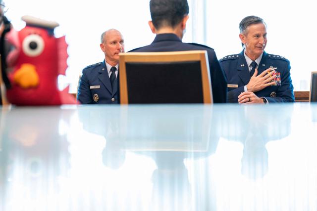 Commander of the US Pacific Air Forces (PACAF) Gen. Kevin Schneider (R) attends his meeting with Japan’s Defence Minister Shinjiro Koizumi (not pictured) at the Defence Ministry in Tokyo on April 28, 2026. (Photo by Yuichi YAMAZAKI / AFP)