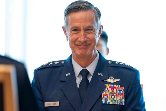 Commander of the US Pacific Air Forces (PACAF) Gen. Kevin Schneider attends his meeting with Japan’s Defence Minister Shinjiro Koizumi (not pictured) at the Defence Ministry in Tokyo on April 28, 2026. (Photo by Yuichi YAMAZAKI / AFP)