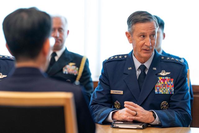 Commander of the US Pacific Air Forces (PACAF) Gen. Kevin Schneider attends his meeting with Japan’s Defence Minister Shinjiro Koizumi (not pictured) at the Defence Ministry in Tokyo on April 28, 2026. (Photo by Yuichi YAMAZAKI / AFP)
