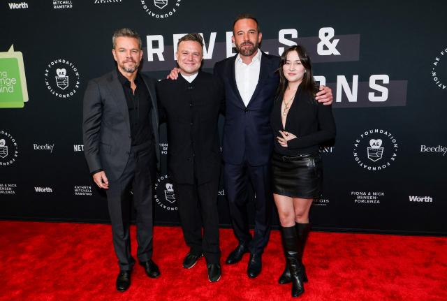 (L/R) Actor Matt Damon, producer Zak Williams, actor Ben Affleck and actress Zelda Williams attend the nonprofit Bring Change to Mind’s "Revels and Revelations Celebration" at the Fort Mason Center for Arts and Culture in San Francisco, California, on April 27, 2026. (Photo by Christopher VICTORIO / AFP)