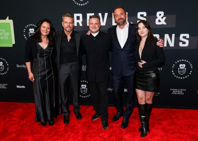 (L/R) Marsha Garces Williams, Matt Damon, Zak Williams, Ben Affleck and Zelda Williams attend attend the nonprofit Bring Change to Mind’s "Revels and Revelations Celebration" at the Fort Mason Center for Arts and Culture in San Francisco, California, on April 27, 2026. (Photo by Christopher VICTORIO / AFP)