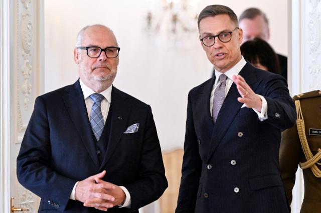 Estonia's President Alar Karis (L) and Finland's President Alexander Stubb talk during Karis' state visit to Finland, at the Presidential Palace in Helsinki, Finland on April 28, 2026. (Photo by Emmi Korhonen / Lehtikuva / AFP) / Finland OUT