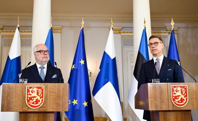 Estonia's President Alar Karis (L) and Finland's President Alexander Stubb address a press conference during Karis' state visit to Finland, at the Presidential Palace in Helsinki, Finland on April 28, 2026. (Photo by Emmi Korhonen / Lehtikuva / AFP) / Finland OUT