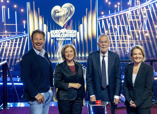 (LtoR) ESC Executive Producer and ESC Project Director Michael Kroen, ORF Director-General Ingrid Thurnher, Austrian President Alexander Van der Bellen und ORF Program Director Stefanie Groiss-Horowitz pose for photos during the official opening of the stage for the ESC at the Wiener Stadthalle prior to the 70th Eurovision Song Contest (ESC), in Vienna, Austria on April 28, 2026. Vienna will host the two semi-finals of the ESC taking place on May 12 and May 14 and the final on May 16, 2026. (Photo by Joe Klamar / AFP)