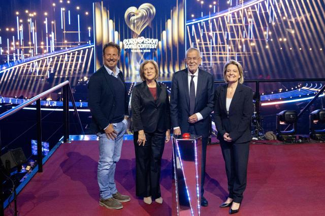 (LtoR) ESC Executive Producer and ESC Project Director Michael Kroen, ORF Director-General Ingrid Thurnher, Austrian President Alexander Van der Bellen und ORF Program Director Stefanie Groiss-Horowitz pose for photos during the official opening of the stage for the ESC at the Wiener Stadthalle prior to the 70th Eurovision Song Contest (ESC), in Vienna, Austria on April 28, 2026. Vienna will host the two semi-finals of the ESC taking place on May 12 and May 14 and the final on May 16, 2026. (Photo by Joe Klamar / AFP)