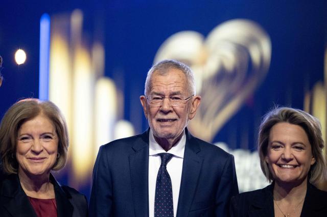 (LtoR) ORF Director-General Ingrid Thurnher, Austrian President Alexander Van der Bellen und ORF Program Director Stefanie Groiss-Horowitz pose for photos during the official opening of the stage for the ESC at the Wiener Stadthalle prior to the 70th Eurovision Song Contest (ESC), in Vienna, Austria on April 28, 2026. Vienna will host the two semi-finals of the ESC taking place on May 12 and May 14 and the final on May 16, 2026. (Photo by Joe Klamar / AFP)