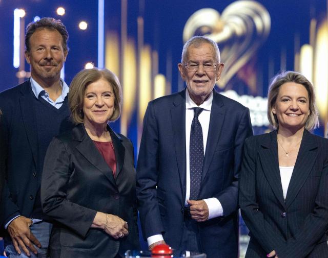 (LtoR) ESC Executive Producer and ESC Project Director Michael Kroen, ORF Director-General Ingrid Thurnher, Austrian President Alexander Van der Bellen und ORF Program Director Stefanie Groiss-Horowitz pose for photos during the official opening of the stage for the ESC at the Wiener Stadthalle prior to the 70th Eurovision Song Contest (ESC), in Vienna, Austria on April 28, 2026. Vienna will host the two semi-finals of the ESC taking place on May 12 and May 14 and the final on May 16, 2026. (Photo by Joe Klamar / AFP)