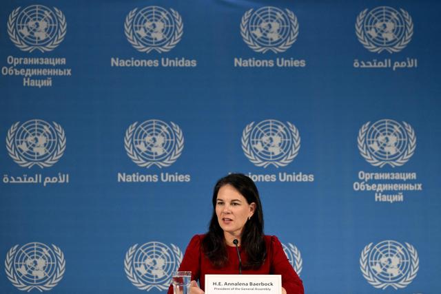 President of the United Nations General Assembly (UNGA) Annalena Baerbock addresses a press conference at UN House in New Delhi on April 28, 2026. (Photo by Sajjad HUSSAIN / AFP)
