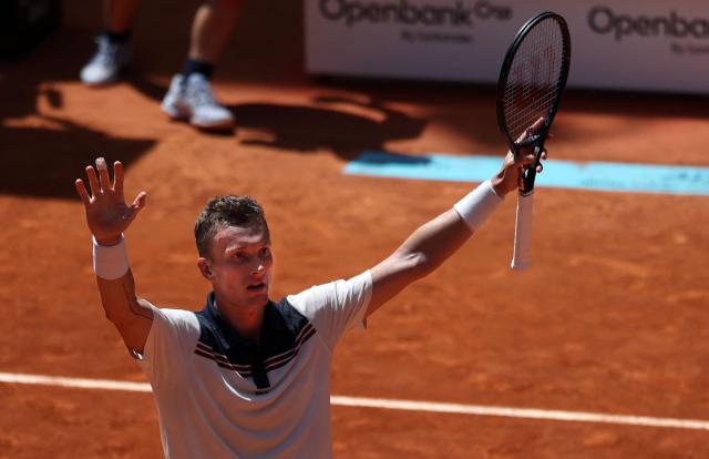 Czech Republic’s Jiri Lehecka celebrates after winning against Lorenzo Musetti during their 2026 ATP Tour Madrid Open tennis tournament singles match at the Caja Magica in Madrid, on April 28, 2026. (Photo by Thomas COEX / AFP)