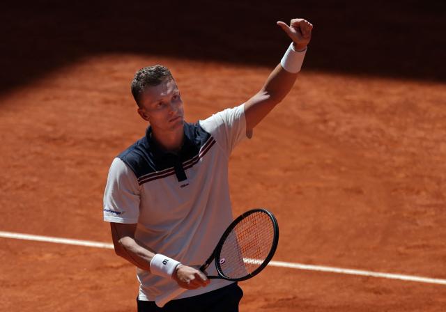 Czech Republic’s Jiri Lehecka celebrates after winning against Lorenzo Musetti during their 2026 ATP Tour Madrid Open tennis tournament singles match at the Caja Magica in Madrid, on April 28, 2026. (Photo by Thomas COEX / AFP)