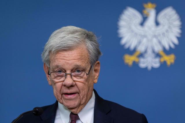 The US President's Special Envoy for Belarus John Cole speaks during a press conference with the Polish Foreign Minister (not in picture) at the ministry building in Warsaw on April 28, 2026, after an exchange of prisoners. Poland on April 28 released a jailed Russian archaeologist, who was wanted by Ukraine, as part of a multi-country swap deal that also saw a Polish journalist freed from a Belarusian jail. (Photo by Wojtek RADWANSKI / AFP)