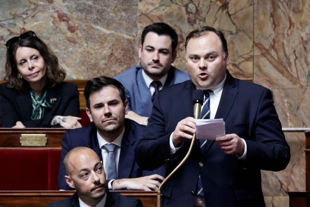 Rassemblement National's MP Edouard Jordan speaks during a session of questions to the government at the National Assembly, French Parliament lower house, in Paris on April 28, 2026. (Photo by STEPHANE DE SAKUTIN / AFP)