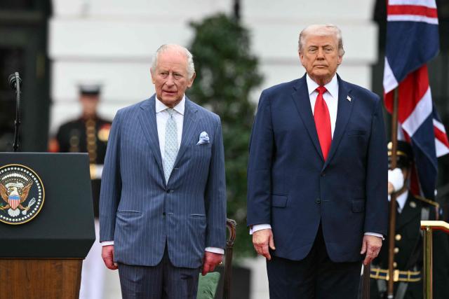 US President Donald Trump and Britain's King Charles III participate in an arrival ceremony on the South Lawn of the White House in Washington, DC, on April 28, 2026. (Photo by Mandel NGAN / AFP)