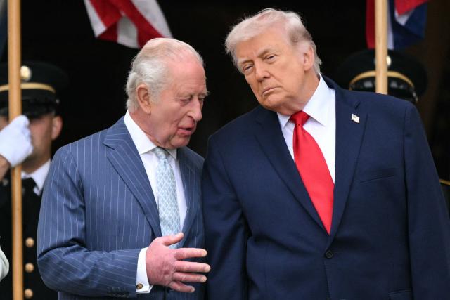 US President Donald Trump speaks with Britain's King Charles III during an arrival ceremony on the South Lawn of the White House in Washington, DC, on April 28, 2026. (Photo by Mandel NGAN / AFP)