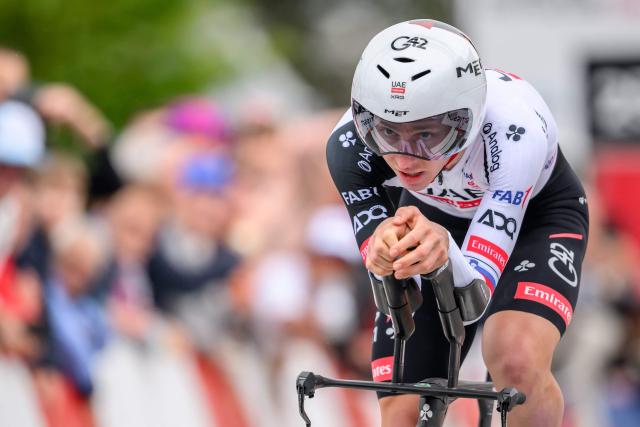 UAE Team Emirates-XRG's Slovenian rider Tadej Pogacar competes in the prologue of the Tour of Romandie UCI cycling World tour, a 3.2 km time trial from Villars-sur-Glane to Villars-sur-Glane, on April 28, 2026. (Photo by Fabrice COFFRINI / AFP)