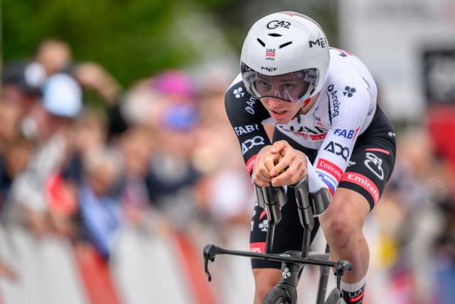 UAE Team Emirates-XRG's Slovenian rider Tadej Pogacar competes in the prologue of the Tour of Romandie UCI cycling World tour, a 3.2 km time trial from Villars-sur-Glane to Villars-sur-Glane, on April 28, 2026. (Photo by Fabrice COFFRINI / AFP)
