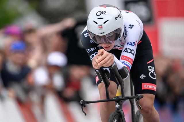 UAE Team Emirates-XRG's Slovenian rider Tadej Pogacar competes in the prologue of the Tour of Romandie UCI cycling World tour, a 3.2 km time trial from Villars-sur-Glane to Villars-sur-Glane, on April 28, 2026. (Photo by Fabrice COFFRINI / AFP)