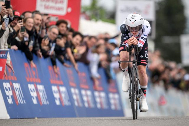 UAE Team Emirates-XRG's Slovenian rider Tadej Pogacar competes in the prologue of the Tour of Romandie UCI cycling World tour, a 3.2 km time trial from Villars-sur-Glane to Villars-sur-Glane, on April 28, 2026. (Photo by Fabrice COFFRINI / AFP)