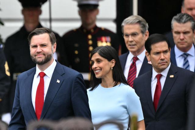 (L/R) US Vice President JD Vance, Second Lady Usha Vance, Treasury Secretary Scott Bessent, Secretary of State Marco Rubio and Defense Secretary Pete Hegseth attend an arrival ceremony for Britain's King Charles III and Queen Camilla on the South Lawn of the White House in Washington, DC, on April 28, 2026. (Photo by Mandel NGAN / AFP)