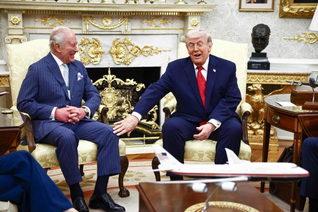 US President Donald Trump meets with Britain's King Charles III in the Oval Office of the White House in Washington, DC, on April 28, 2026. (Photo by Henry NICHOLLS / AFP)