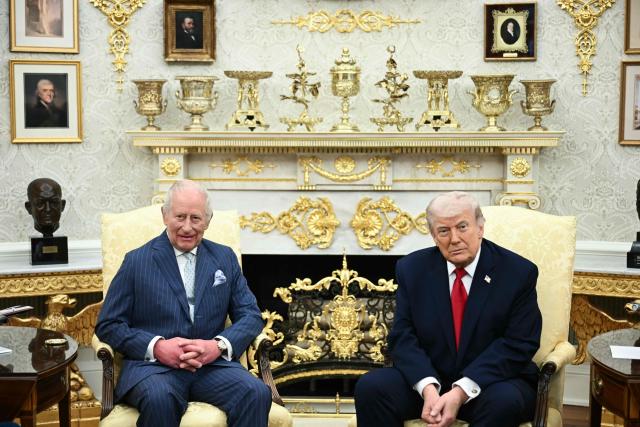 US President Donald Trump meets with Britain's King Charles III in the Oval Office of the White House in Washington, DC, on April 28, 2026. (Photo by Brendan SMIALOWSKI / AFP)