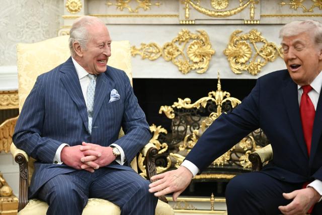 US President Donald Trump meets with Britain's King Charles III in the Oval Office of the White House in Washington, DC, on April 28, 2026. (Photo by Brendan SMIALOWSKI / AFP)