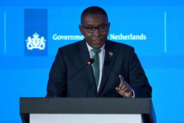Selwin Hart, Special Adviser and Assistant Secretary-General for Climate Action at the United Nations, speaks during the International Conference on the Just Transition Away from Fossil Fuels in Santa Marta, Colombia, on April 28, 2026. (Photo by Raul ARBOLEDA / AFP)