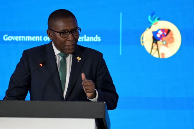 Selwin Hart, Special Adviser and Assistant Secretary-General for Climate Action at the United Nations, speaks during the International Conference on the Just Transition Away from Fossil Fuels in Santa Marta, Colombia, on April 28, 2026. (Photo by Raul ARBOLEDA / AFP)