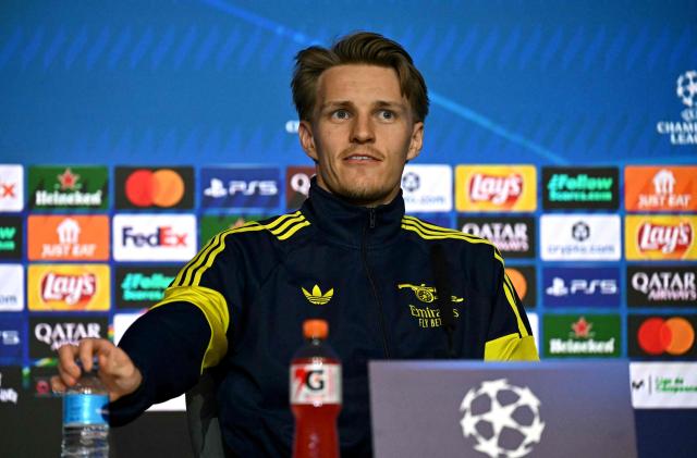 Arsenal's Norwegian midfielder #08 Martin Odegaard attends a press conference on the eve of the UEFA Champions League semi final first leg football match against Club Atletico de Madrid at the Metropolitano stadium in Madrid on April 28, 2026. (Photo by Javier SORIANO / AFP)