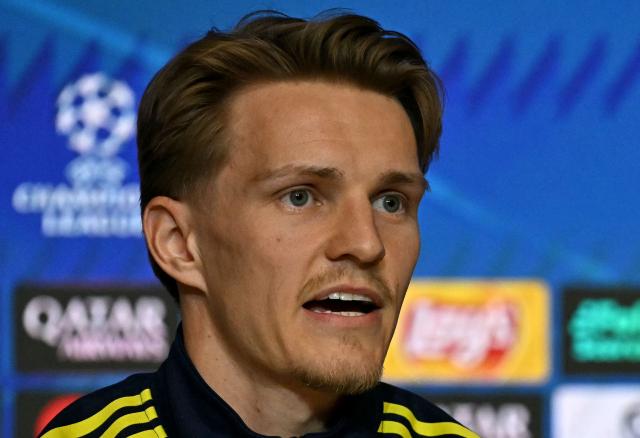 Arsenal's Norwegian midfielder #08 Martin Odegaard attends a press conference on the eve of the UEFA Champions League semi final first leg football match against Club Atletico de Madrid at the Metropolitano stadium in Madrid on April 28, 2026. (Photo by Javier SORIANO / AFP)