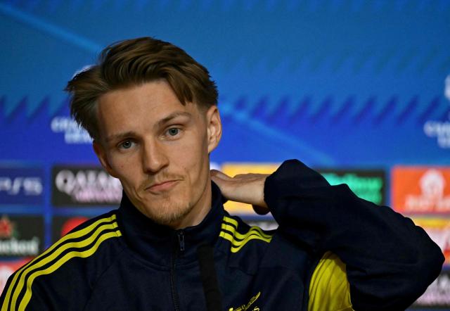Arsenal's Norwegian midfielder #08 Martin Odegaard attends a press conference on the eve of the UEFA Champions League semi final first leg football match against Club Atletico de Madrid at the Metropolitano stadium in Madrid on April 28, 2026. (Photo by Javier SORIANO / AFP)
