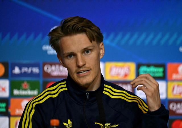 Arsenal's Norwegian midfielder #08 Martin Odegaard attends a press conference on the eve of the UEFA Champions League semi final first leg football match against Club Atletico de Madrid at the Metropolitano stadium in Madrid on April 28, 2026. (Photo by Javier SORIANO / AFP)