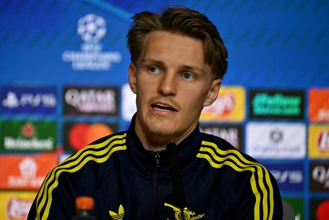 Arsenal's Norwegian midfielder #08 Martin Odegaard attends a press conference on the eve of the UEFA Champions League semi final first leg football match against Club Atletico de Madrid at the Metropolitano stadium in Madrid on April 28, 2026. (Photo by Javier SORIANO / AFP)