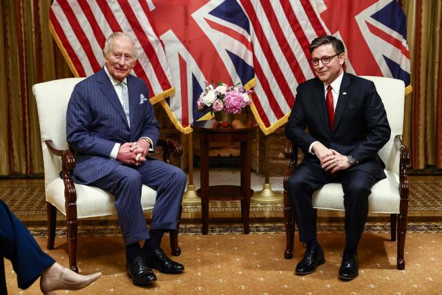 (L/R) Britain's King Charles III and US Speaker of the House Mike Johnson look on during a meeting with Congressional leadership prior to a Joint Meeting of Congress at the US Capitol in Washington, DC, on April 28, 2026. (Photo by Henry NICHOLLS / POOL / AFP)