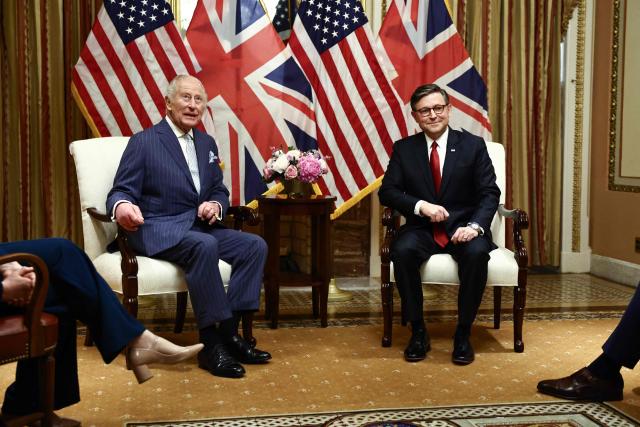 (L/R) Britain's King Charles III and US Speaker of the House Mike Johnson look on during a meeting with Congressional leadership prior to a Joint Meeting of Congress at the US Capitol in Washington, DC, on April 28, 2026. (Photo by Henry NICHOLLS / POOL / AFP)
