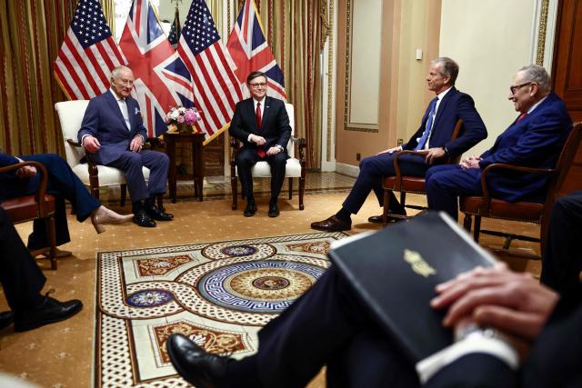 Britain's King Charles III meets with US House Speaker Mike Johnson (C, R), Senate Majority Leader John Thune (2nd R), Senate Minority Leader Chuck Schumer (R) ahead of a Joint Meeting of Congress in the House Chamber at the US Capitol in Washington, DC, on April 28, 2026. (Photo by Henry NICHOLLS / POOL / AFP)